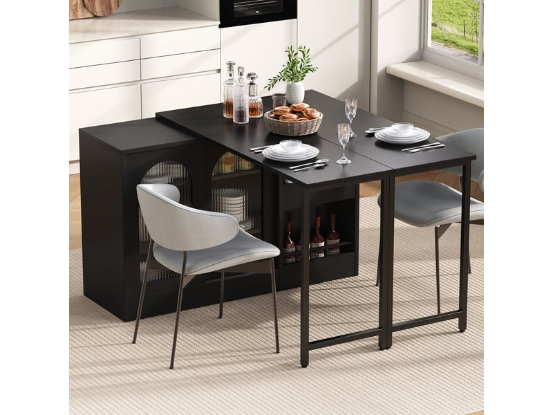 Îlot de cuisine table de bar pivotante 360° extensible avec rangement buffet porte en verre noir - Conforama C