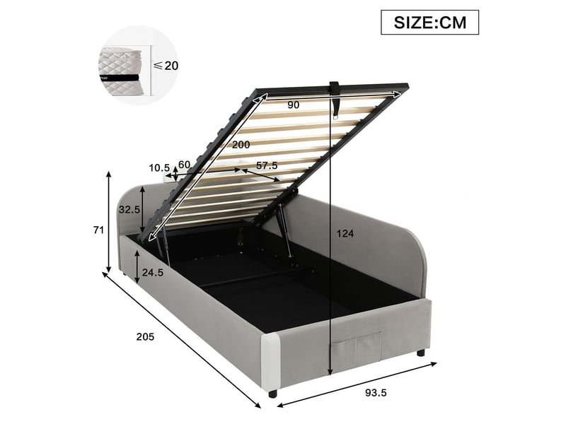  Lit coffre 90 x 200 cm lit simple structure rembourrée mécanisme hydraulique rangement intégré barrière souple surélevée poche de rangement au pied revêtement velours panneaux en contreplaqué coloris gris  - Conforama C