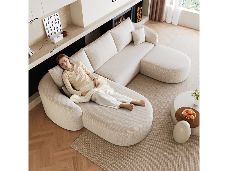 Canapé d'angle en u modulable blanc 336cm, canapé en mousse compressée sans armature, sans montage pour salon - Conforama E