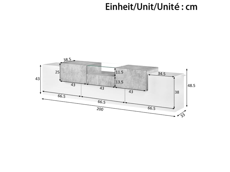  Meuble tv avec tiroir central, étagère verre et klapptür, rangement modulable style moderne pour salon, 200 × 33 × 48.5 cm, en mdf, blanc  - Conforama D