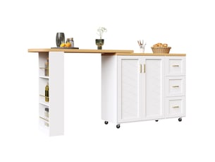 Meuble bar extensible avec 2 portes, 3 tiroirs, panier et roulettes pour cuisine et salon, 135 × 39 × 104 cm