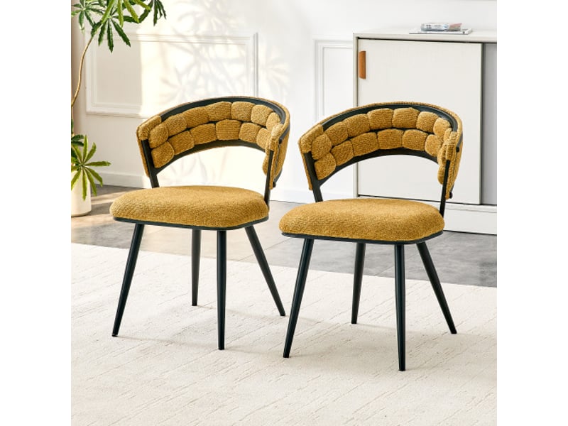  Ensemble 2 chaises jaunes velours cadre noir métal — chaises modernes dossier enveloppé, salon cuisine chambre  - Conforama B