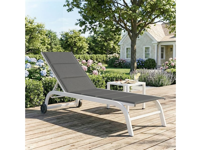  Transat de jardin à roulettes, en textline avec structure en aluminium, gris foncé et blanc  - Conforama C