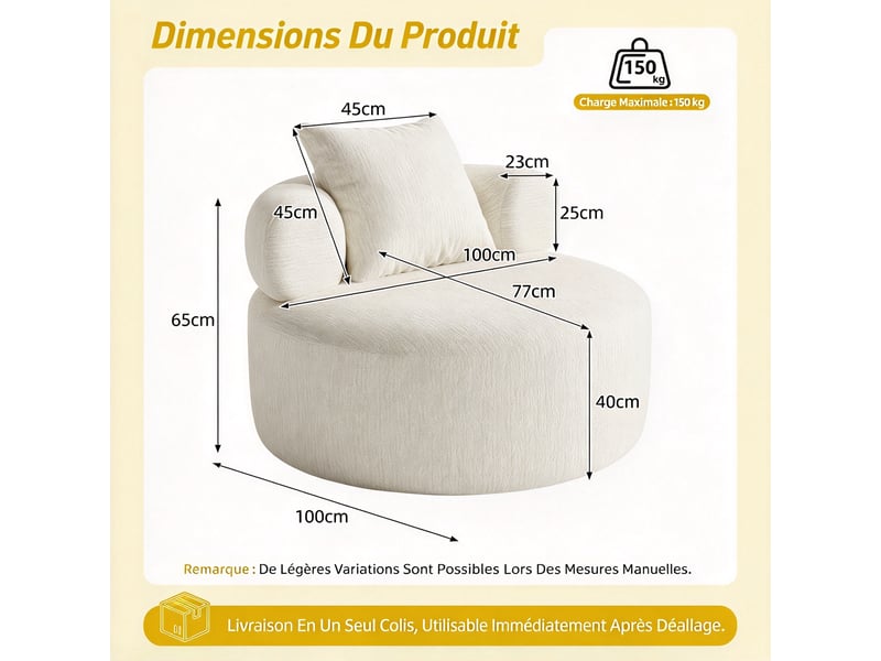  Fauteuil rond 1 place 100 x 100 x 65cm - chenille beige - mousse haute densité, coussin inclus pour salon, sans montage DJ-W3463P49987123-ZMS - Conforama C