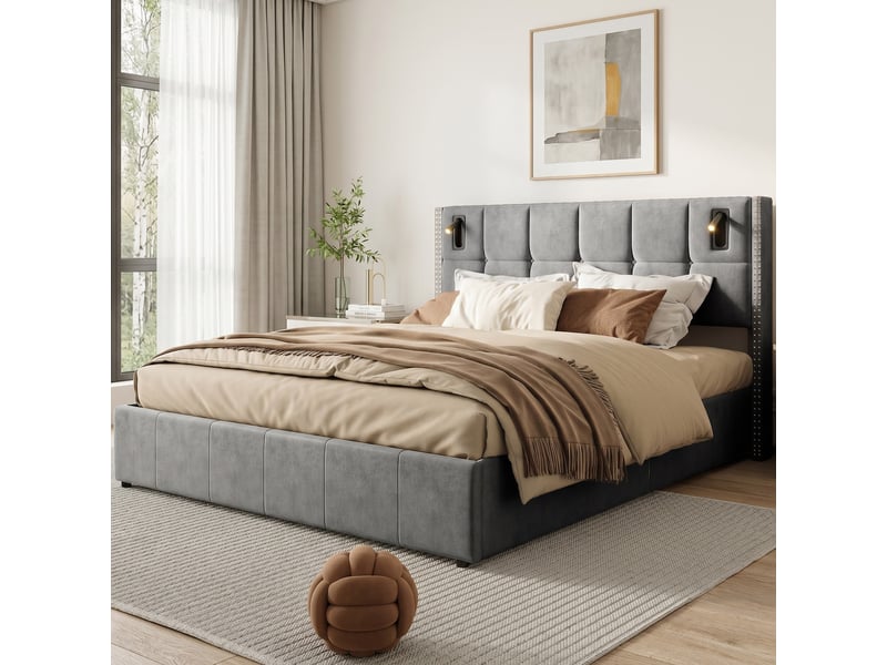  Lit double 140x190 cm avec lampes de lecture,cadre de lit 140x190 cm, lit coffre,lit adulte avec hydraulique,velours,gris  - Conforama B