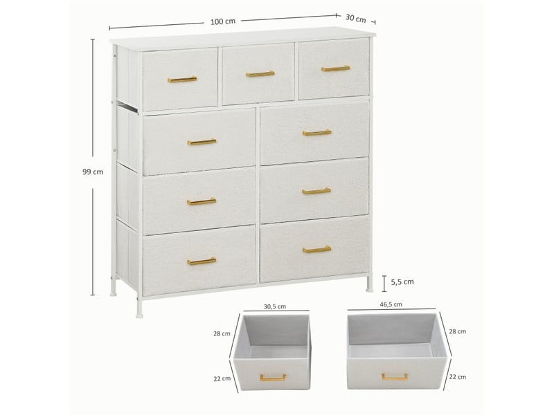  Commode,100x30x99 cm,9 tiroirs,tissu,blanc crème  - Conforama C