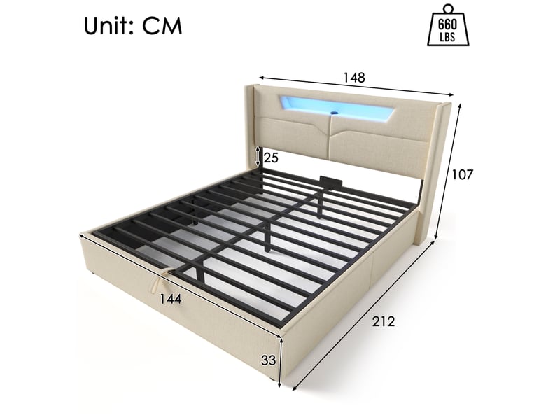  Lit coffre 140 × 200 cm 2 places avec led, usb et type-c, tête de lit rembourrée, matelas inclus, en lin beige  - Conforama D