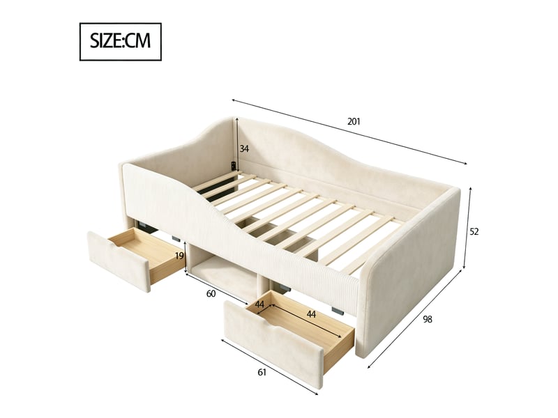 Lit 1 personne 90x190 cm - 2 tiroirs - lit avec rangement - lit rembourré en velours - barrières de sécurité beige - Conforama C