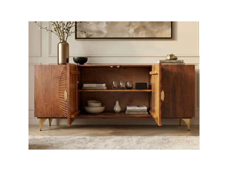 Buffet solaris 177 cm en bois massif de manguier – 4 portes sculptées motif solaire et pieds dorés - Conforama E