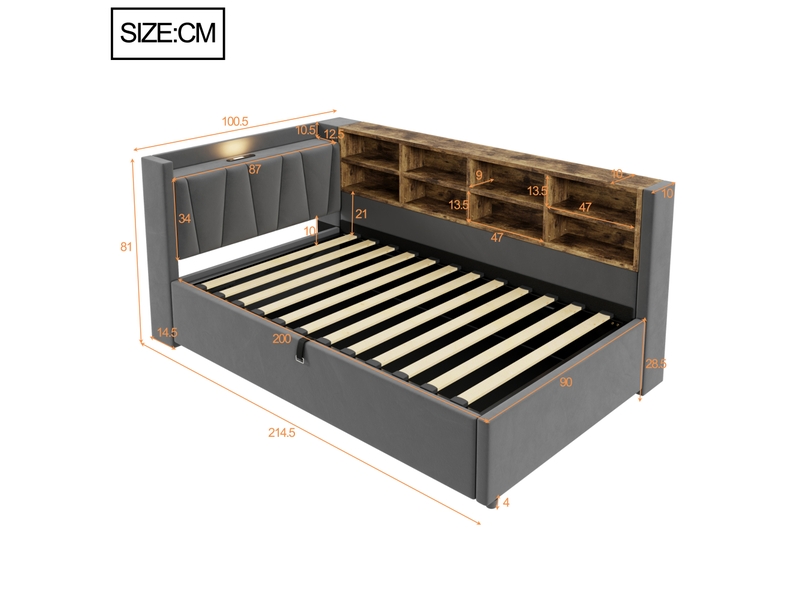 Lit banquette 1 place 90 × 200 cm, coffre hydraulique, veilleuse, usb, type-c et étagères, sans matelas, gris foncé - Conforama D