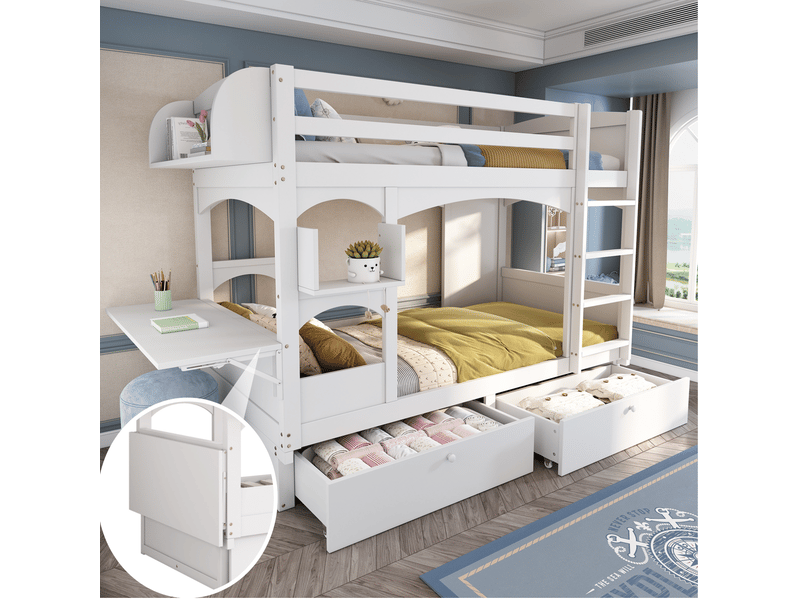  Modenvie lit superpose enfant 90x200 cm - avec bureau rabattable et rangements, sans matelas - blanc  - Conforama E