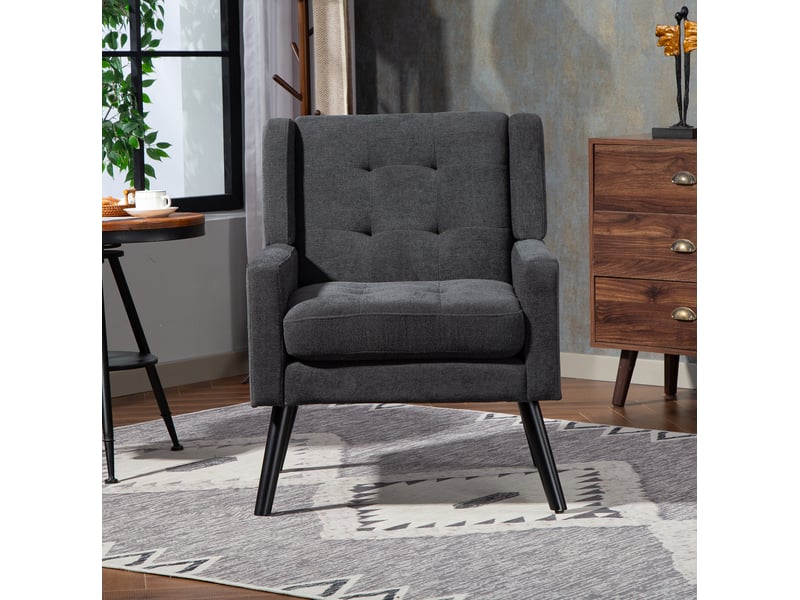  Fauteuil gris foncé avec capitonnage à boutons, coussin en mousse haute densité et pieds en bois pour petits espaces  - Conforama C