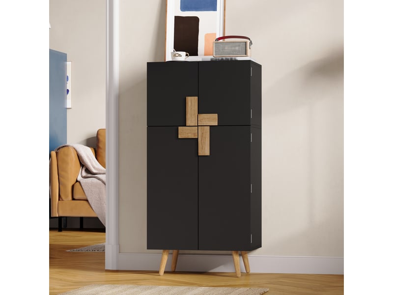  Armoire haute de cuisine 60x35x120 cm avec 4 portes, grand rangement, étagères réglables, rangements de porte, façades géométriques, mdf noir  - Conforama B