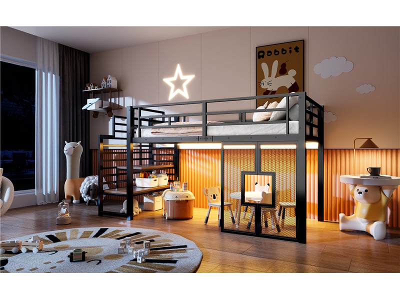  Lit mezzanine simple 90×200 cm avec escalier, rangements, fenêtres et led - okmyhome- noir, sans matelas  - Conforama E