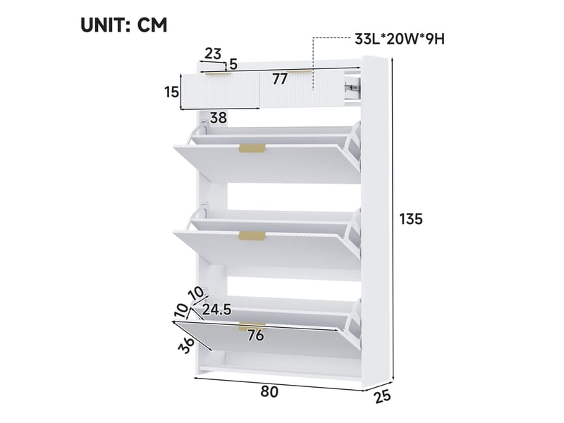  Meuble à chaussures b80t25h135 cm en panneaux de particules avec 3 compartiments rabattables et 2 tiroirs blanc chicfurn  - Conforama D