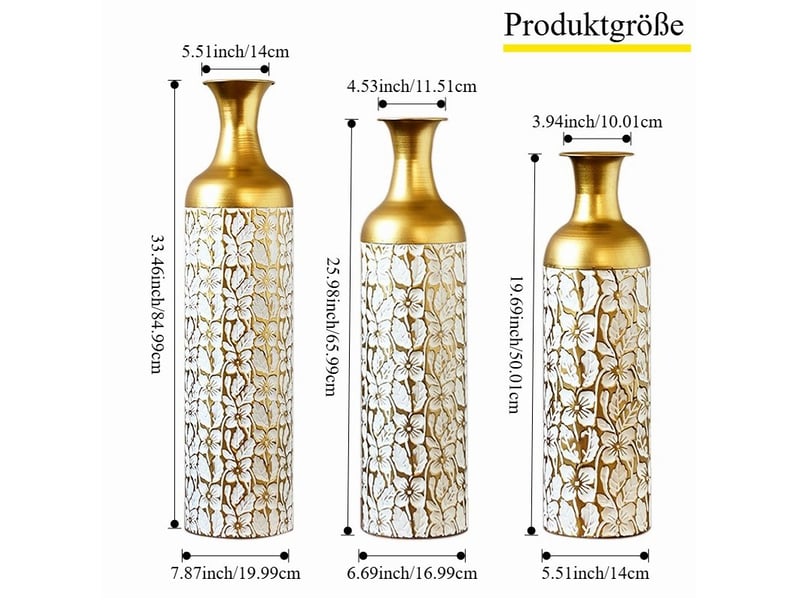  Lot de 3 vases de sol h 50,01, 65,99 et 84,99 cm or et blanc en métal, décor floral pour intérieur et jardin  - Conforama C