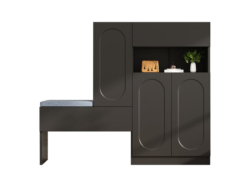  Meuble à chaussures 130x35x110 cm avec banquette rembourrée, abattant Soft-Close et étagères réglables - Noir Fay Lum - Conforama A