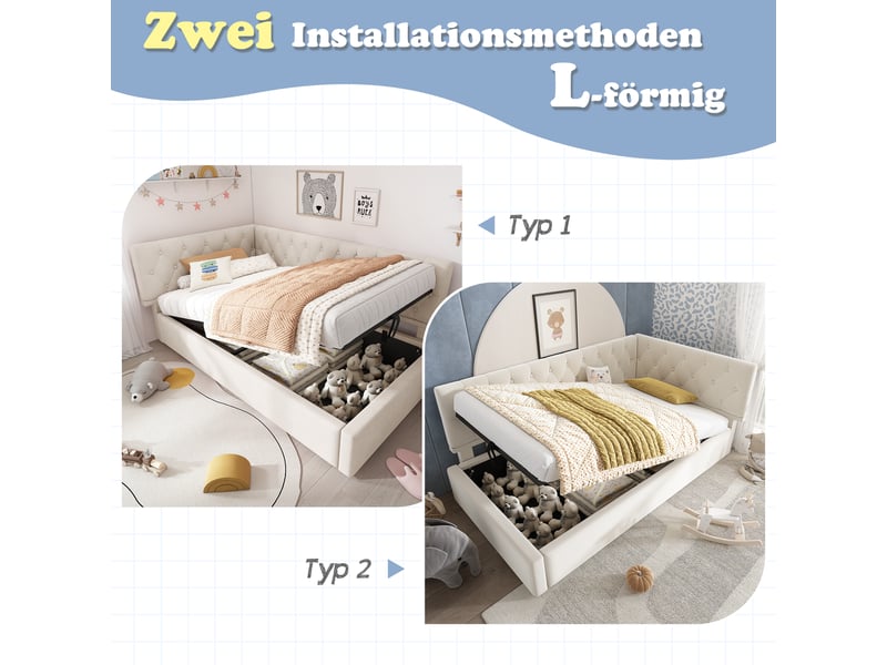  Lit banquette 90x200 lit coffre velours beige avec rangement hydraulique sommier à lattes  - Conforama E