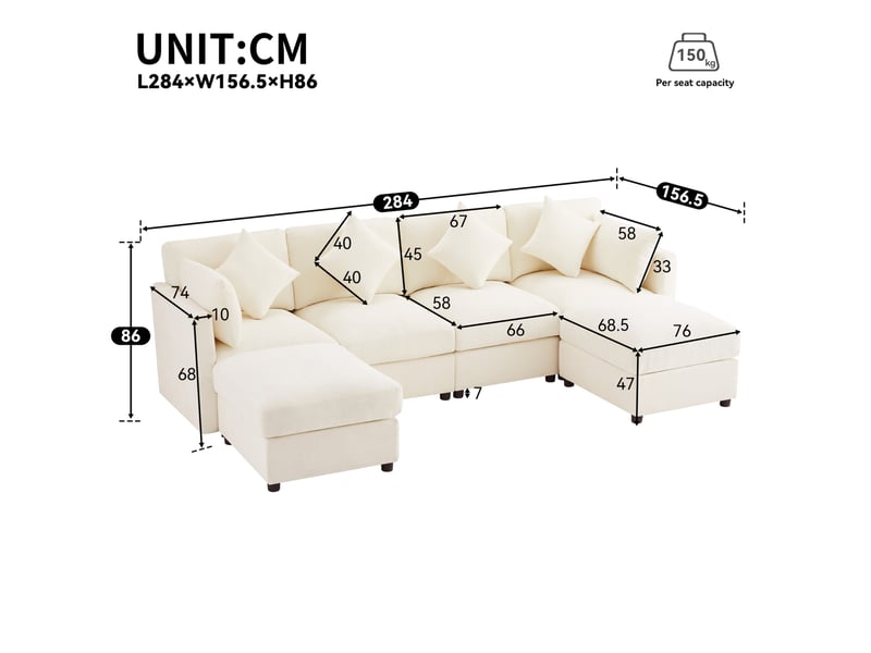 Canapé d'angle modulable 6 places en tissu beige convertible avec 2 poufs et accoudoirs réglables, confort modulable  - Conforama C