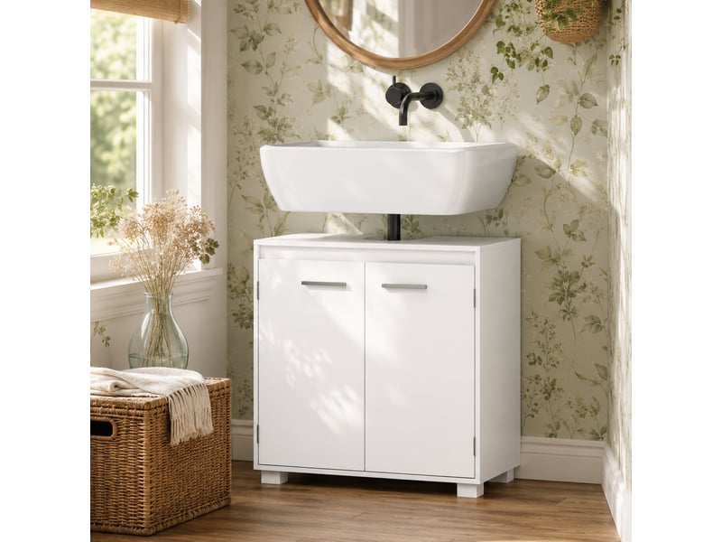  Meuble sous lavabo blanc 60 cm, découpe en u et étagère réglable sur 3 niveaux  - Conforama D
