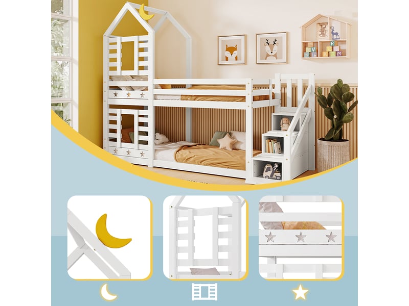  Lit superposé cabane 90x200 cm avec tiroirs et escalier de rangement, sommier à lattes inclus, bois blanc  - Conforama W
