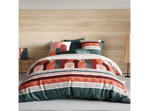 Parure housse de couette 260x240cm + 2 taies motif rétro terracotta et vert 100% coton - olga
