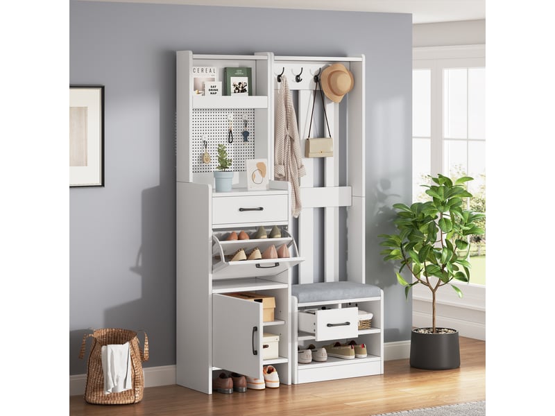  Meuble d’entrée 7 en 1 blanc, vestiaire avec banc rembourré, 7 patères et rangement chaussures, 110 x 35 x 175,5 cm  - Conforama E