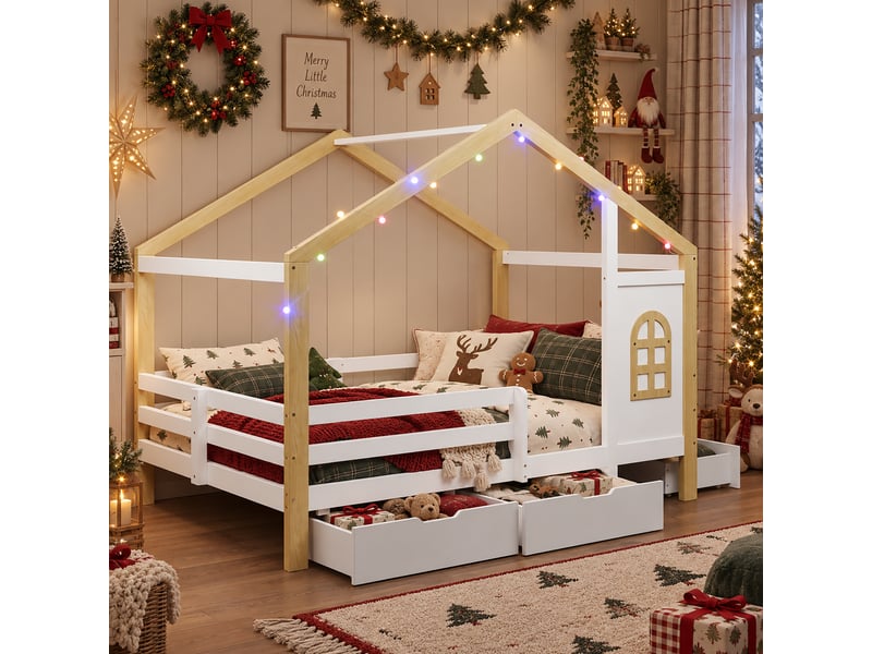 Lit cabane enfant 120x200 cm avec fenêtre, barrière de sécurité, 3 grands tiroirs et guirlande lumineuse modulable, lit en bois, blanc et naturel OPULERANE TRADING LTD - Conforama B