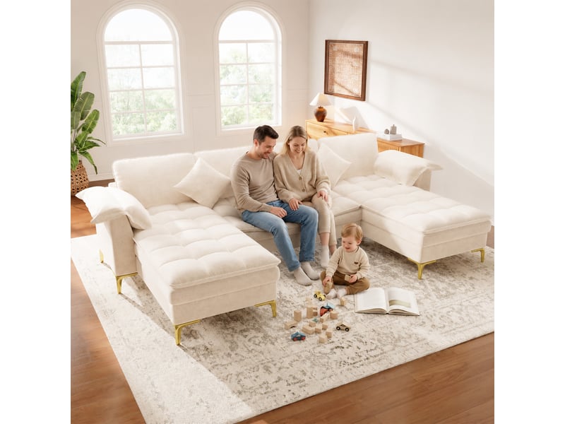  Canapé d'angle panoramique fixe 4 places tissu beige  - Conforama B