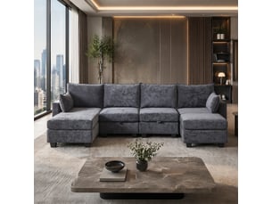 Canapé d’angle modulable convertible 6 places en chenille gris avec rangement