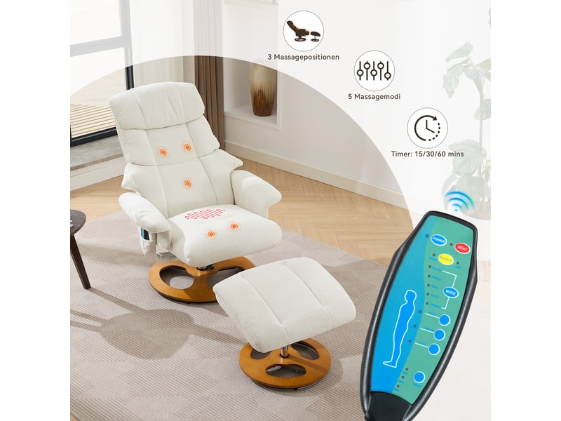  Fauteuil relax,83.5x81x111 cm,avec massage chauffant,chenille,blanc  - Conforama E
