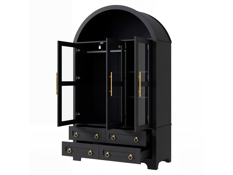  Armoire dressing vitrée avec led via application, 3 portes en verre, 4 tiroirs, tringle, étagères et poignées aluminium, noire, 110 x 50 x 186 cm  - Conforama E
