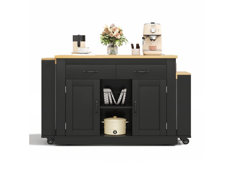 Îlot de cuisine mobile avec 2 plateaux extensibles et prises intégrées - rangements mdf noir 142 × 55 × 93 cm - Conforama A