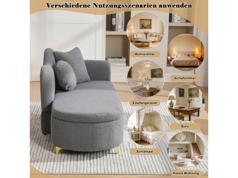  Canapé méridienne 134 cm avec coffre de rangement, design arrondi, tissu effet peau de mouton, 2 coussins, gris antique OMNIGLINT TRADING LTD - Conforama E