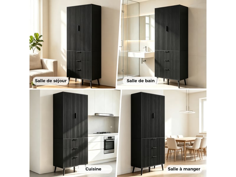  Meuble de cuisine muvano, armoire de cuisine haute noire en mdf, 2 portes et 3 tiroirs, 75 × 35 × 180 cm  - Conforama B