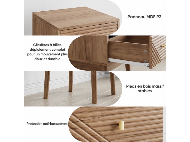  Lot de 2 tables de chevet avec rangement, mdf, pieds en bois massif, chêne clair et doré, 40 x 40 x 55 cm  - Conforama D