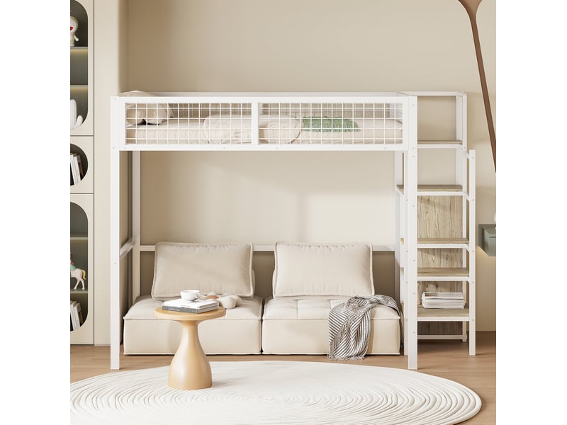  Lit mezzanine enfant 140 x 200 cm en métal avec échelle, armoire et garde-corps blanc  - Conforama E