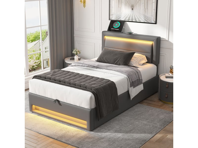  Lit capitonné 90x190 simili cuir gris avec éclairage led et port usb - rangement intégré  - Conforama C