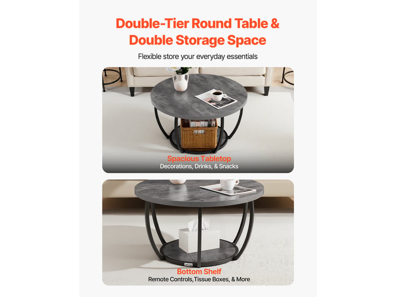  Vevor table basse ronde 2 niveaux, plateau 80,5 cm, rangement ouvert, structure métallique robuste, finition gris, style industriel moderne ZH632 - Conforama D