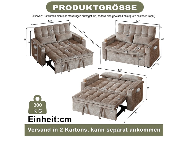  Canapé convertible 3-en-1 142x89x89 cm en chenille marron  - Conforama C