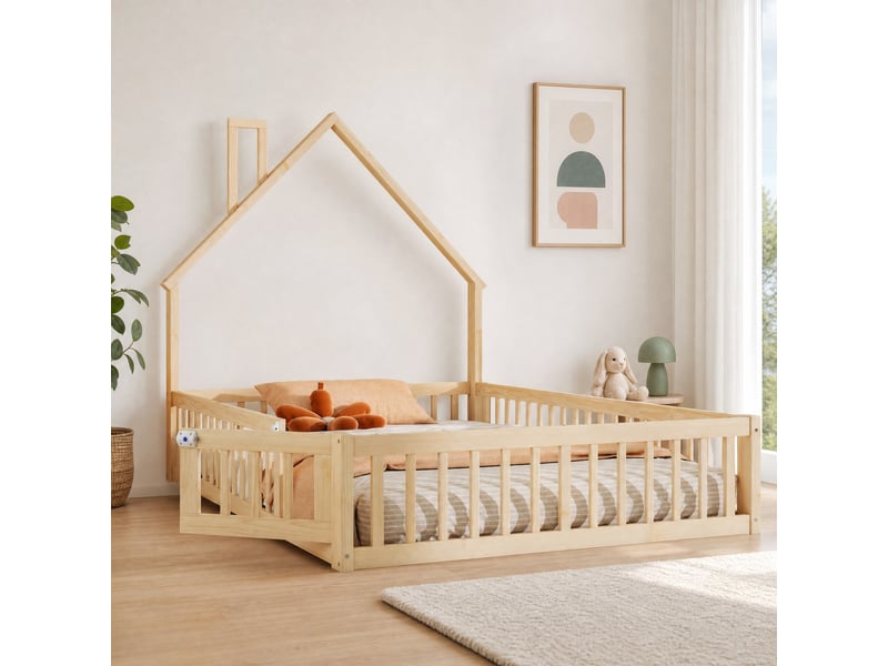  Lit enfant cabane 140 x 200 cm naturel en bois de pin et mdf avec sommier à lattes  - Conforama C