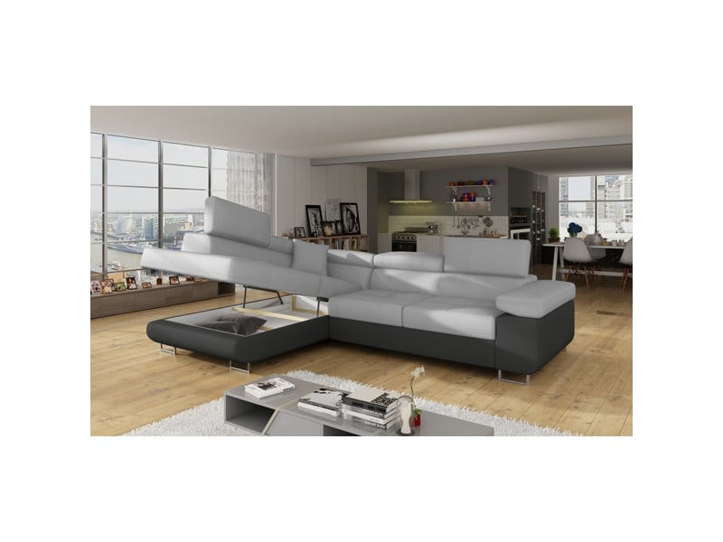 Canapé d'angle convertible menton gris clair et gris foncé – angle gauche avec coffre - Conforama E