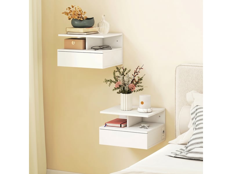  Ensemble de 2 tables de chevet suspendues pour chambre à coucher, 40 x 35 x 30 cm, blanches  - Conforama C
