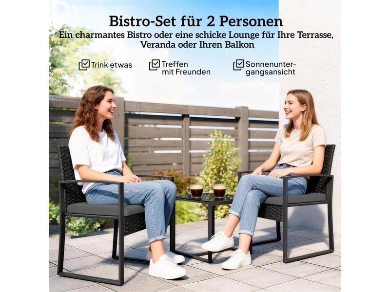  Ensemble table et chaise de jardin avec 2 fauteuils, 1 table basse et coussins, résine tressée, acier, gris foncé  - Conforama C