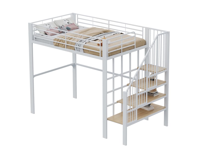  Lit mezzanine enfant 140x200 cm – blanc – escalier intégré, structure métallique, rangement – sans matelas  - Conforama E