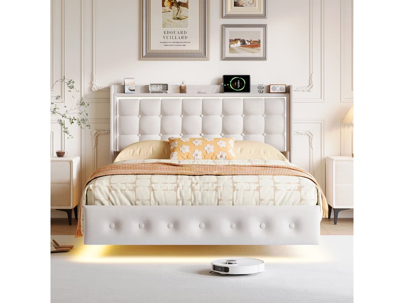  Lit double rembourré en velours - 160x200cm-blanc - avec éclairage led et étagère de tête de lit  - Conforama C