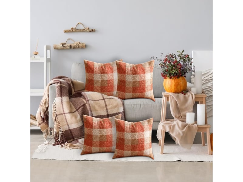  Lot de 2 housses de coussin d'automne - 45 x 45 cm - orange à carreaux - décoration halloween - coussin fait main avec effet - en peluche  - Conforama C