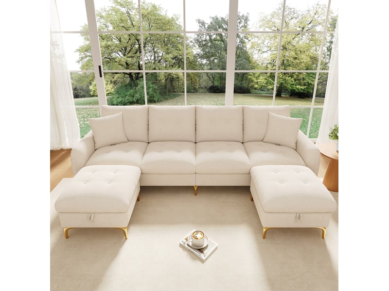 Canapé d'angle convertible modulaire 4 places en chenille beige avec 2 poufs de rangement - Conforama D