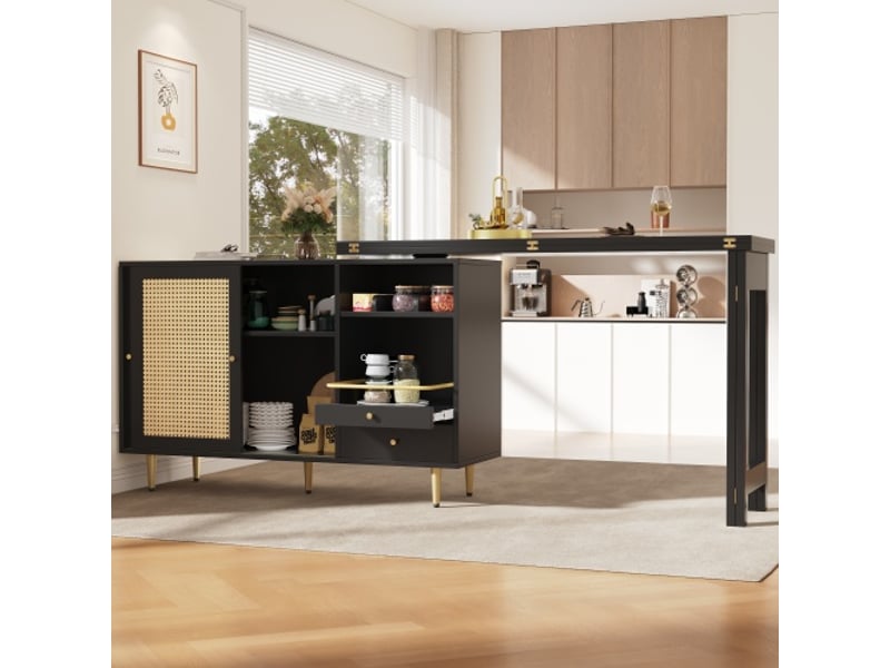  Table haute pivotante 360° extensible noire avec rangement, porte en rotin et étagère ouverte 107 x 40 x 71,4 cm  - Conforama E