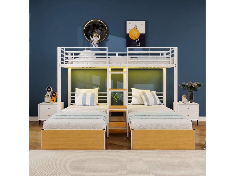  Lit superposé 90x200 cm 3 couchages en l avec échelle intégrée, garde-corps et bibliothèque, lit triple gain de place en métal et mdf blanc brillant  - Conforama D